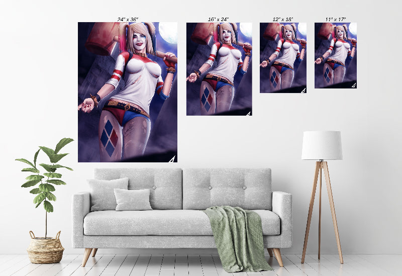 Room mockup—Queen of Mayhem framed on wall, comic-book décor centerpiece.