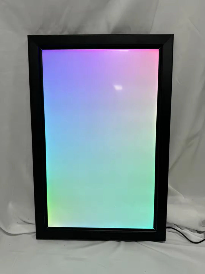 RGB LED acrylic lightbox frame displaying gradient glow lighting, perfect for gaming setups and collector displays, Snapping Turtle Gallery.