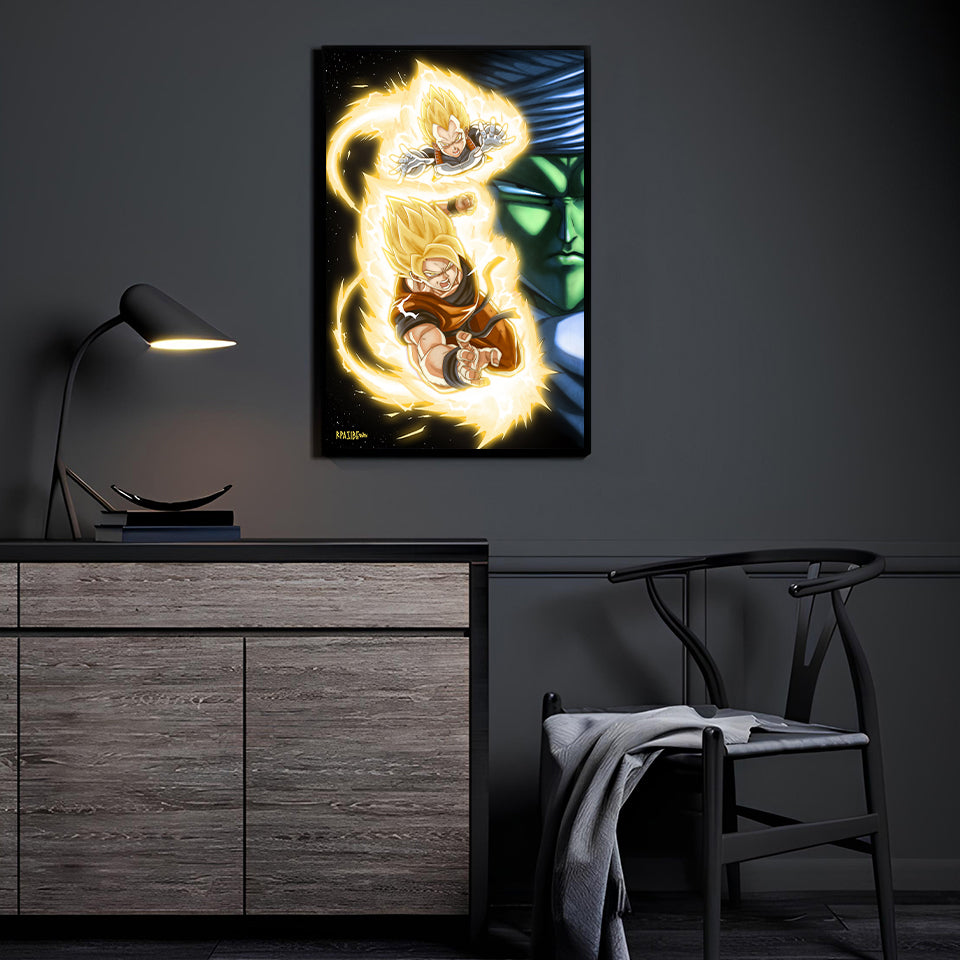 11x17 photo print of Super Saiyan Goku and Vegeta glowing with energy in front of Piccolo