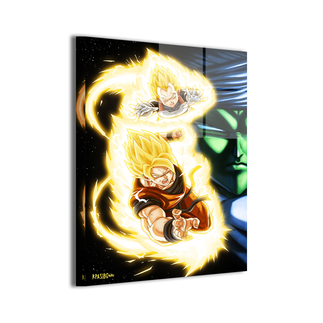 24x36 acrylic print of Super Saiyan Goku and Vegeta bursting with energy alongside Piccolo’s watchful gaze