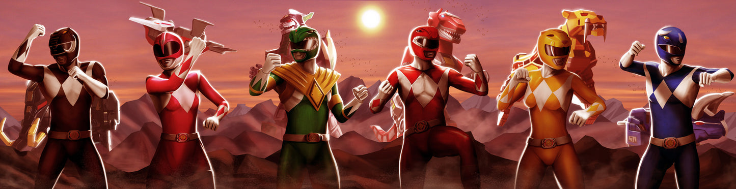Canvas wall art of classic Power Rangers squad with Zords in background