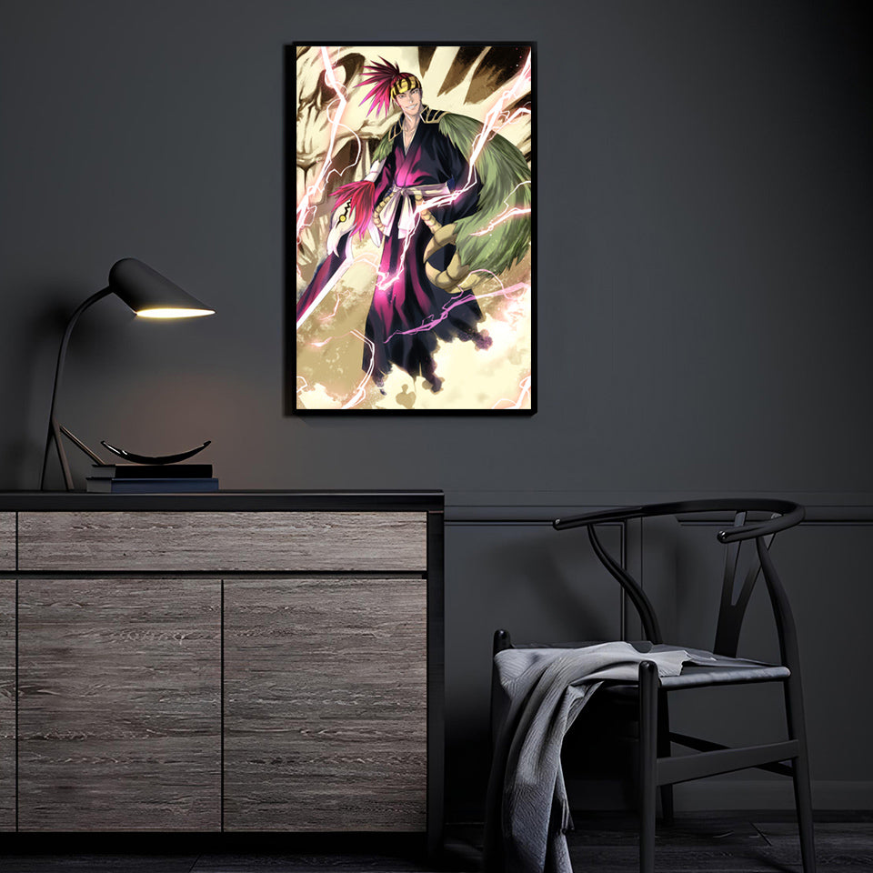 Bleach Renji wall art displayed in a modern interior, adding high-energy anime character art and striking Soul Reaper presence to contemporary décor