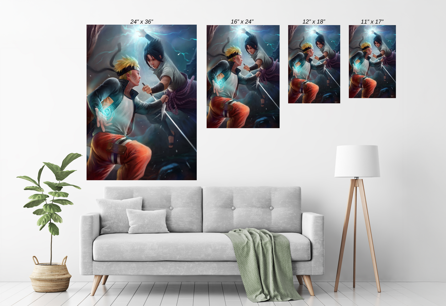 Size Chart Canvas print featuring Naruto and Sasuke fighting in an explosive anime scene
