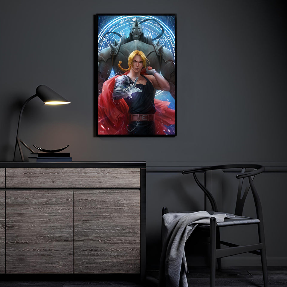 Alchemy Brothers Resolve Room Mockup — Edward and Alphonse Elric with glowing transmutation circle from Fullmetal Alchemist, artwork by Nopeys, displayed in a modern room.