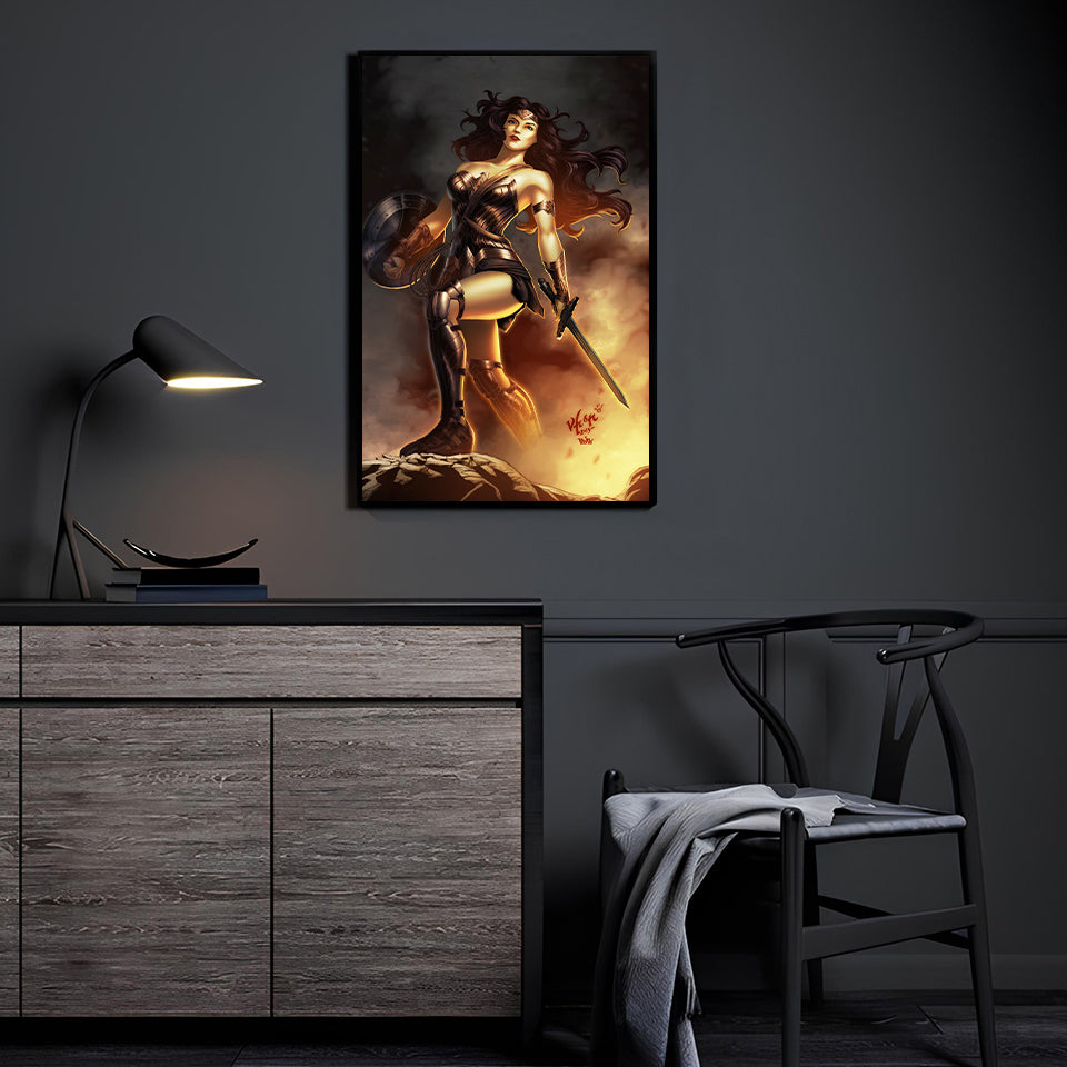 Wonder Woman wall art displayed in modern home interior.