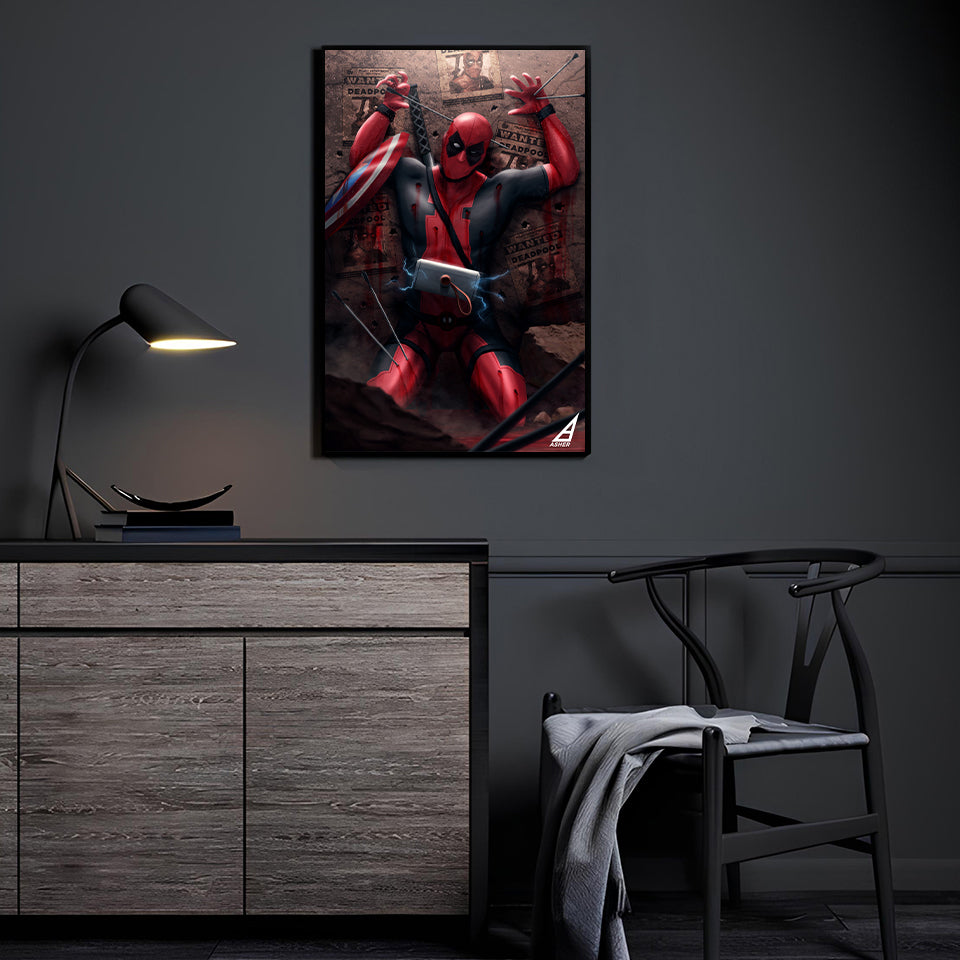 Deadpool wall art by Ben Asher displayed in a modern room.