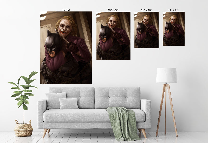Batman and Joker in Chains of Chaos, size chart print by Justine Cruz, premium wall art.