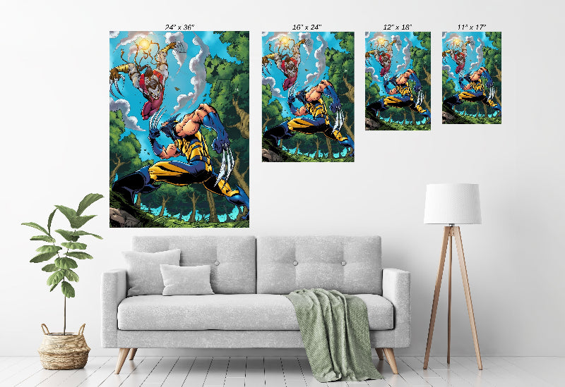 Framed Wolverine vs. Ripclaw action scene on wall—statement comic décor for gaming or media rooms.