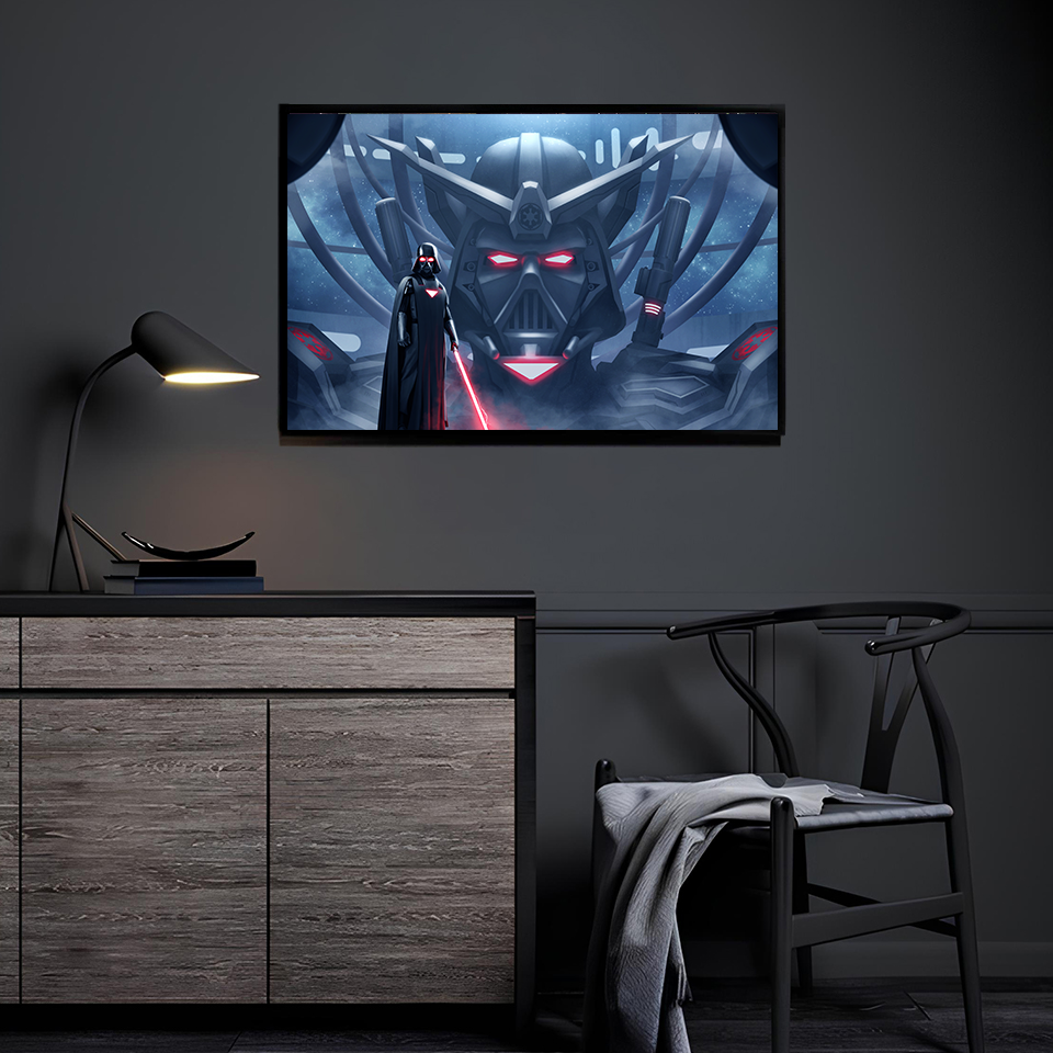 Darth Vader and Vader-mech artwork displayed in a modern room.