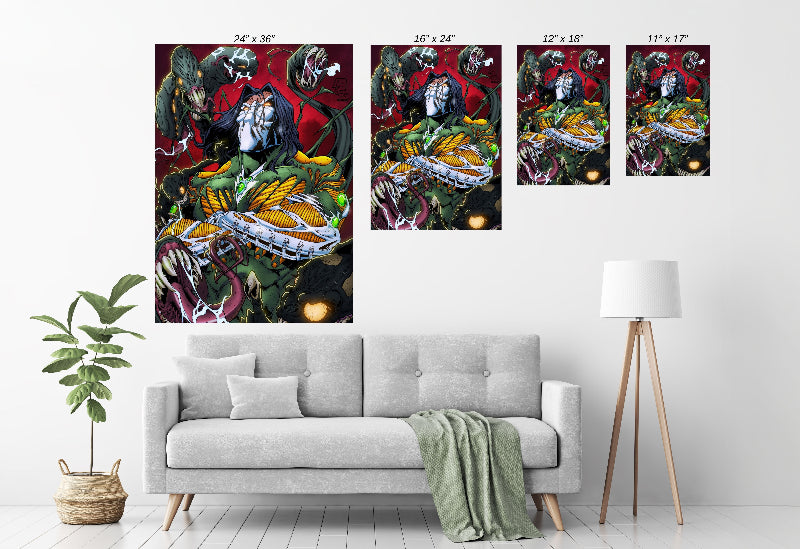 Framed Darkness-inspired wall art dominating a modern room; vivid reds and coiling tendrils.