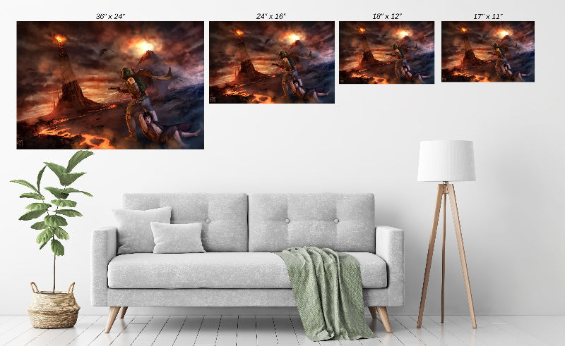 Fires of the Hunt crossover artwork featuring Boba Fett and Frodo in Mordor by Justine Cruz displayed in modern room mockup.