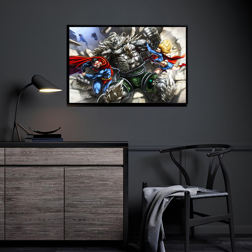 Superman and Supergirl vs Doomsday artwork displayed in modern collector room.