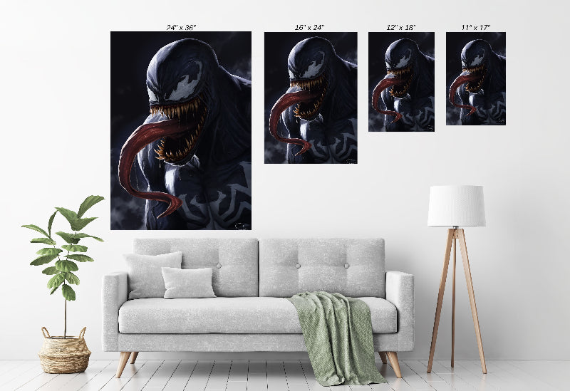Lethal Instinct wall art featuring Venom displayed in modern room mockup, art by Sam Dela Torre.