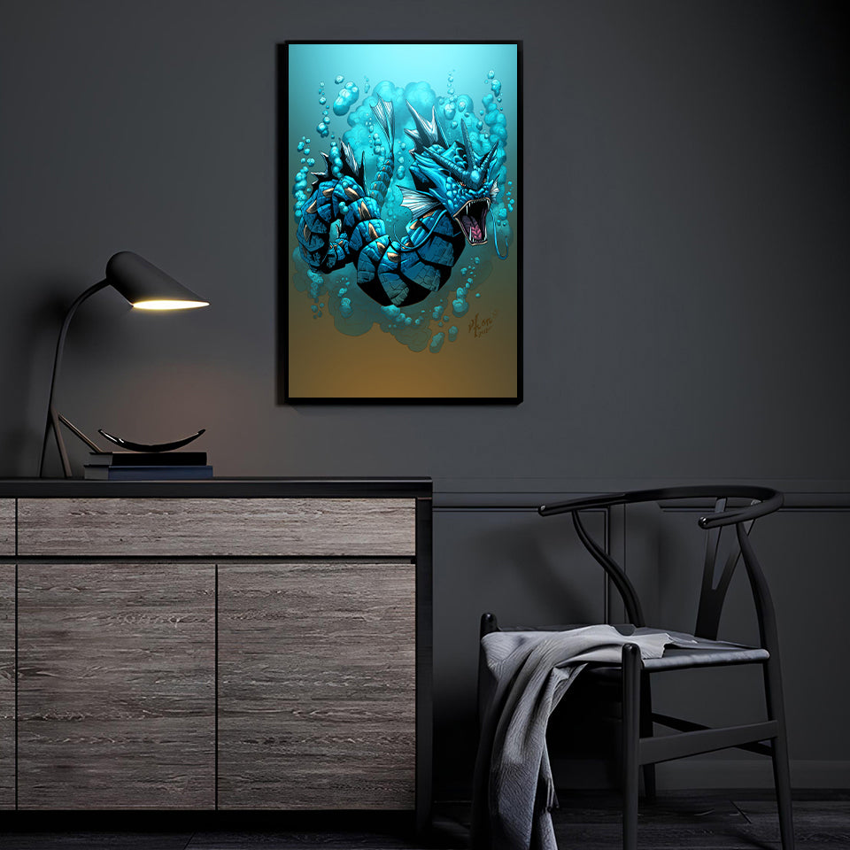 Gyarados wall art displayed in a modern room setting.