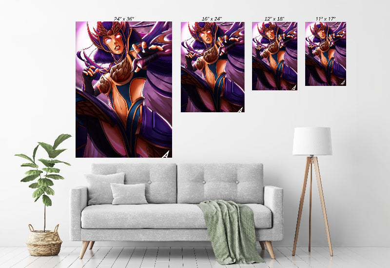 Diana Moonblade Ascendant artwork from League of Legends by Ben Asher displayed in a modern room mockup.