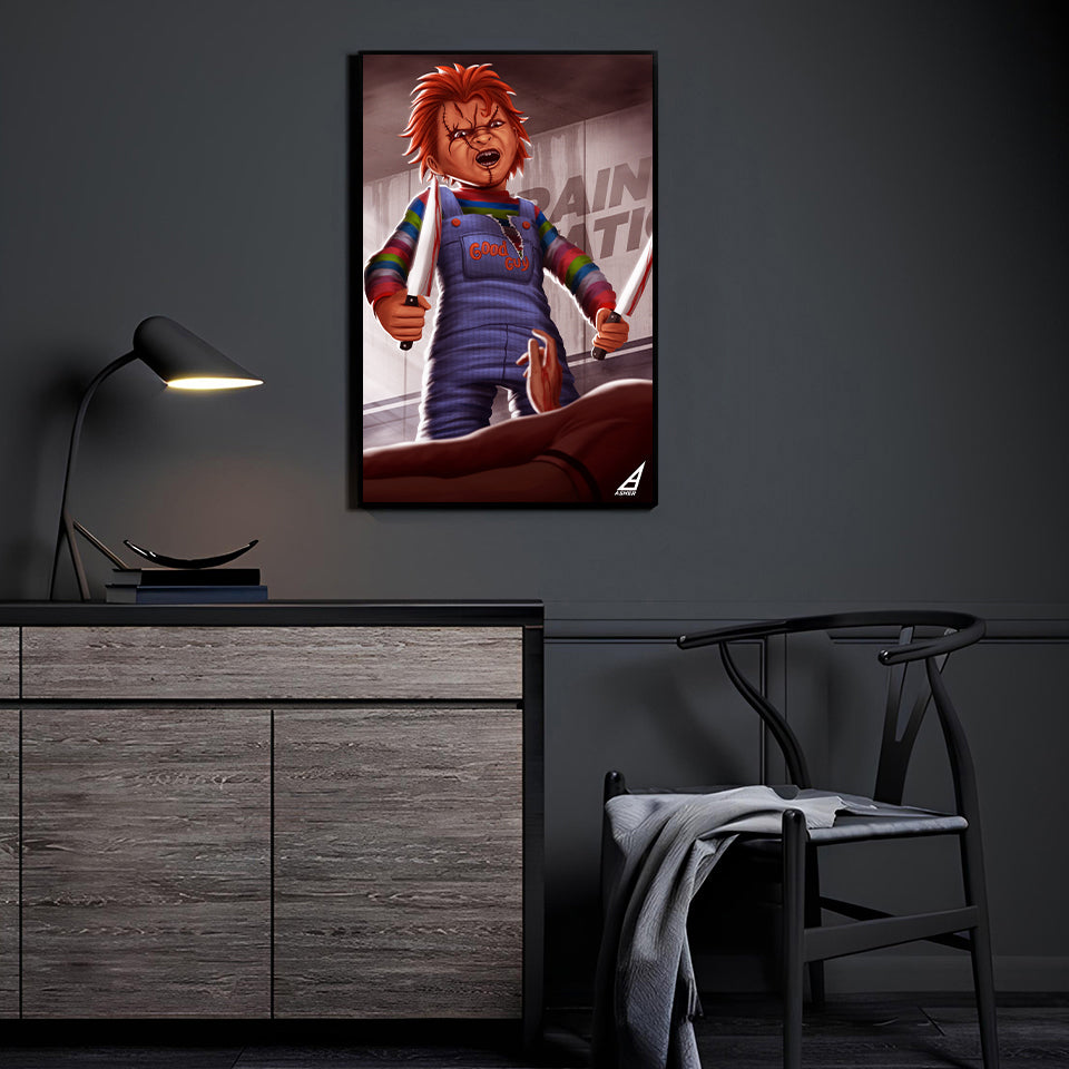 Playroom Nightmare Wall Art by Ben Asher displayed in a modern horror-themed room.