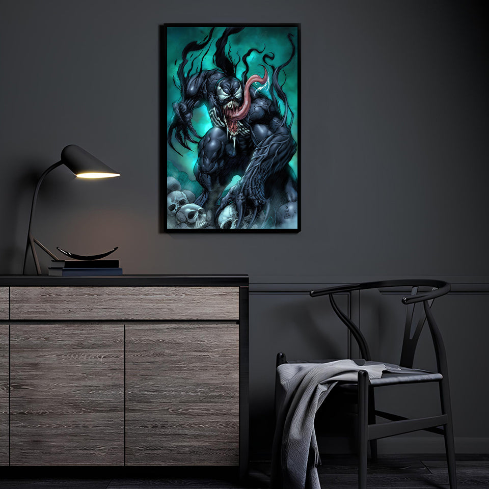 Venom wall art displayed in a dark modern room setup.