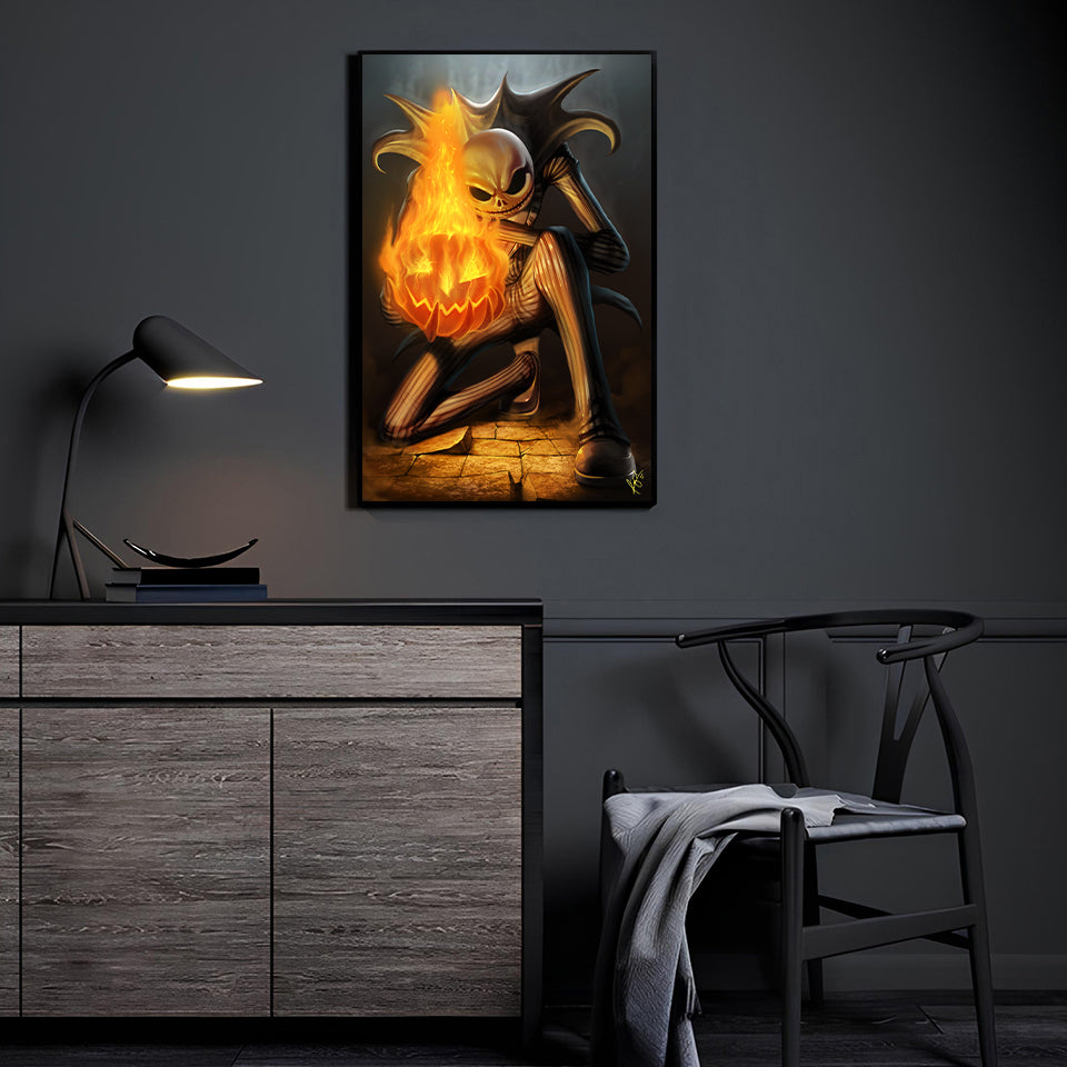 Pumpkin fire King Wall Art by Ceasar displayed in a modern Halloween-themed room.