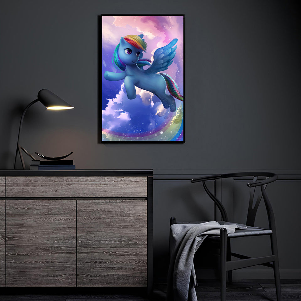 Radiant Sky Dash (Rainbow Dash by Nopeys) displayed in a colorful collector room.