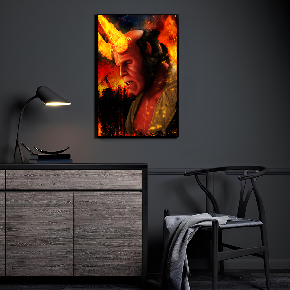 Reluctant Demon Guardian Hellboy artwork displayed in a modern room.