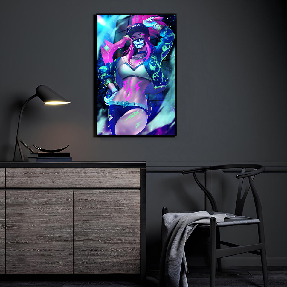 Akali artwork by Nopeys displayed in a modern gaming setup.