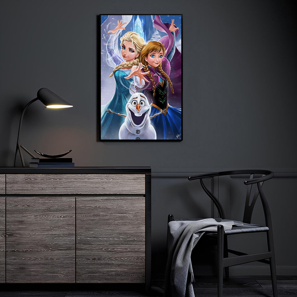 Frozen-inspired sisters and snowman wall art by Ceasar displayed in a modern room.