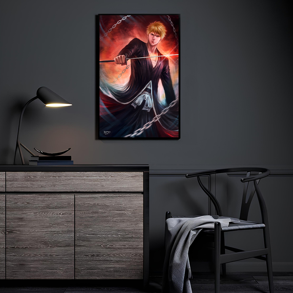 Bleach Ichigo artwork displayed on a wall in a modern living space.