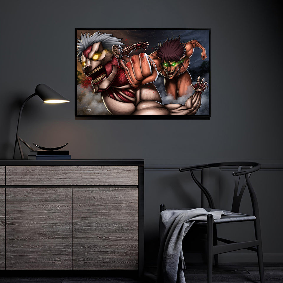 Titan Clash Fury Wall Art by Sam Dela Torre displayed in a modern room.