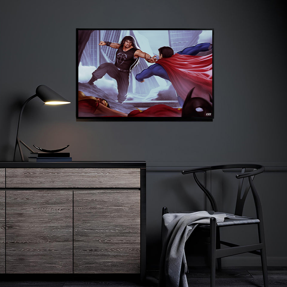 Tribal Titan vs. Man of Steel by Ben Asher displayed in a modern room.