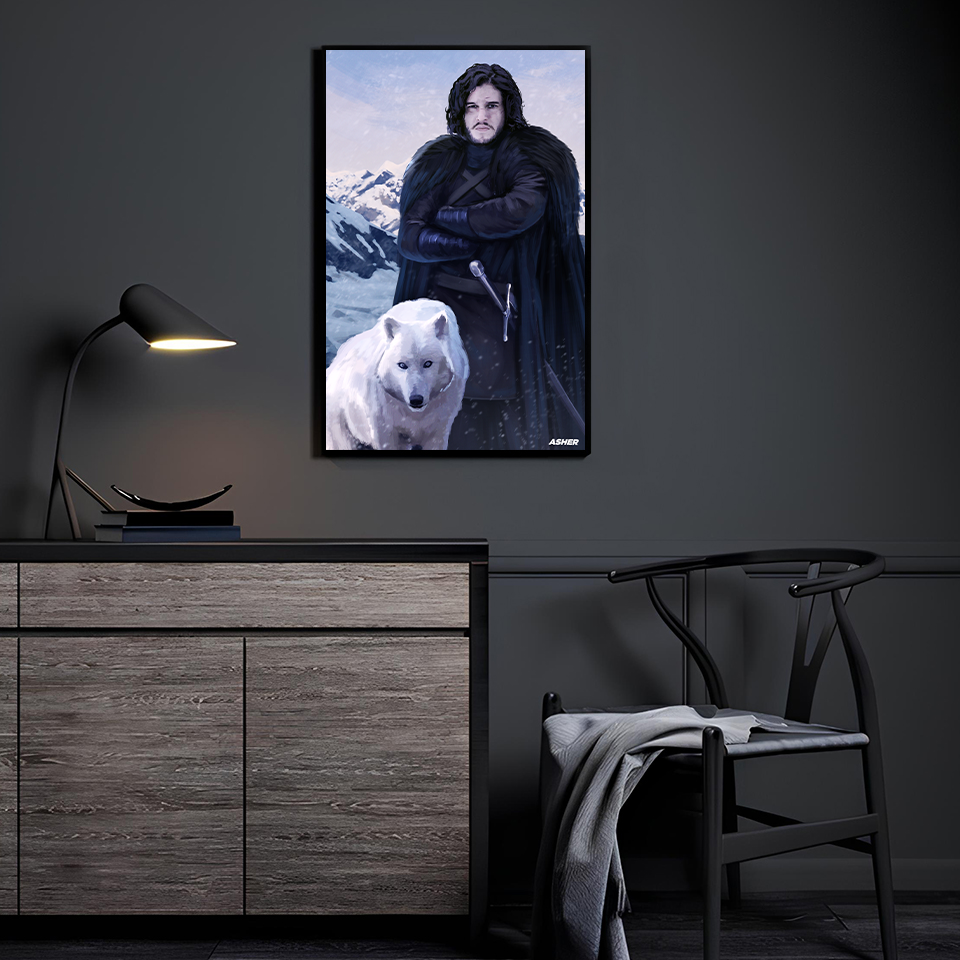 Watcher on the Wall (Jon Snow & Ghost) by Ben Asher displayed in a modern room.
