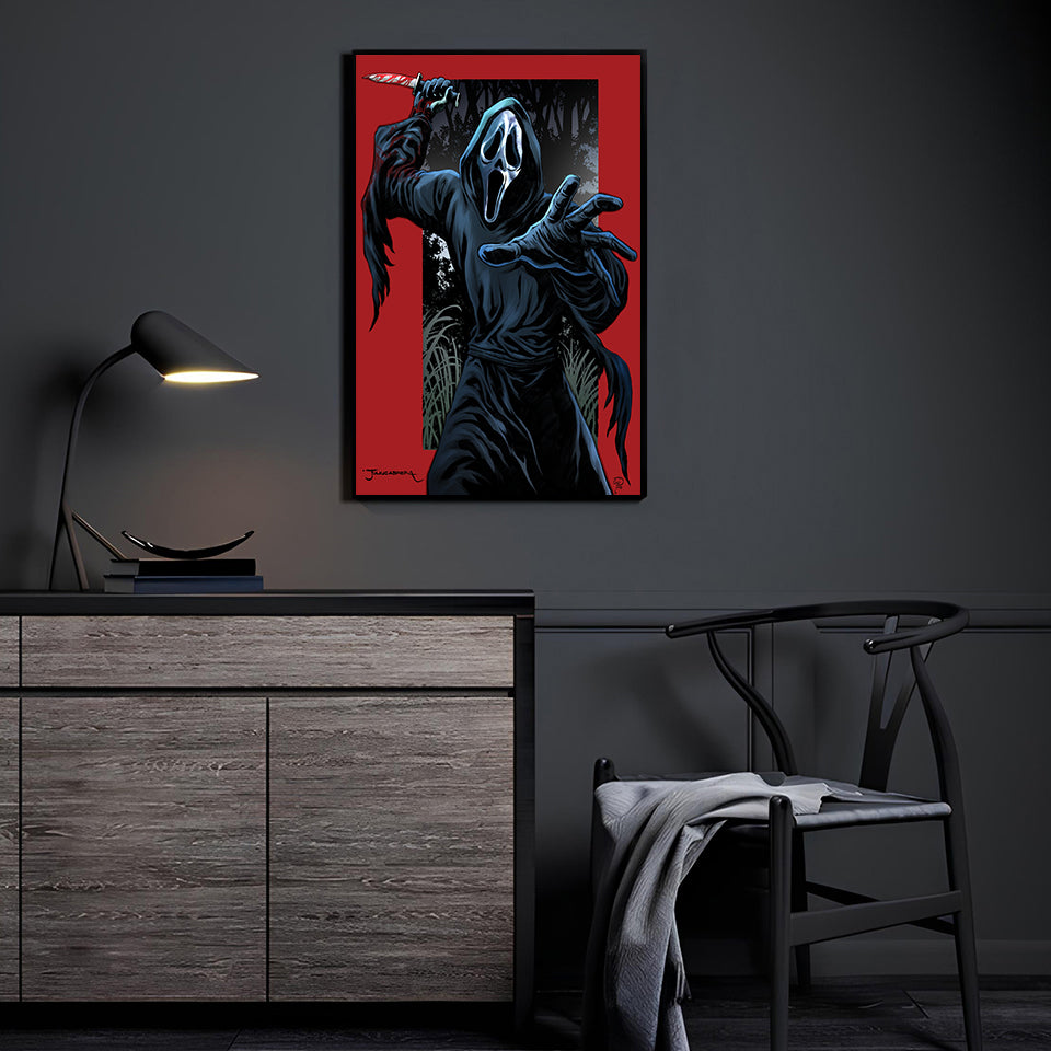 Woodsboro Stalker Ghostface wall art displayed in a modern horror movie room.