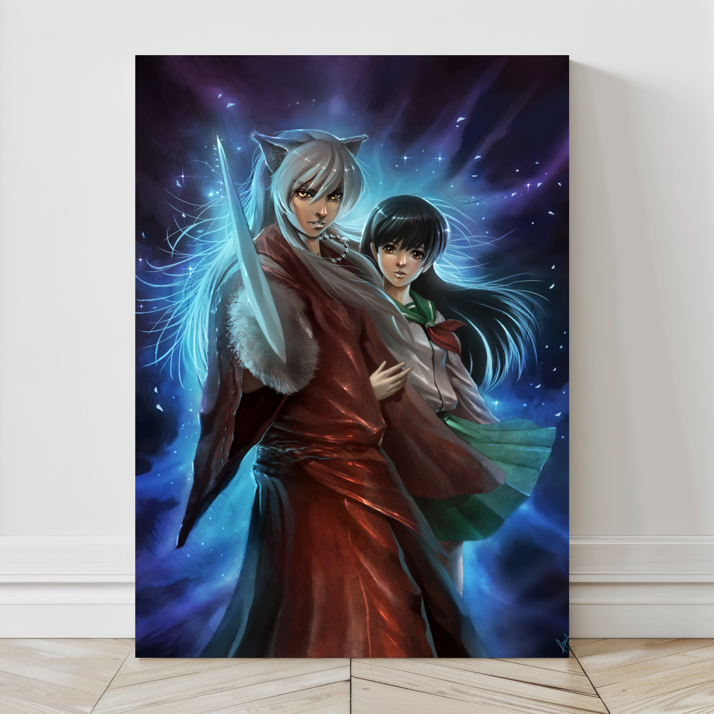 24x36 canvas of anime couple Inuyasha and Kagome in emotionally intense portrait