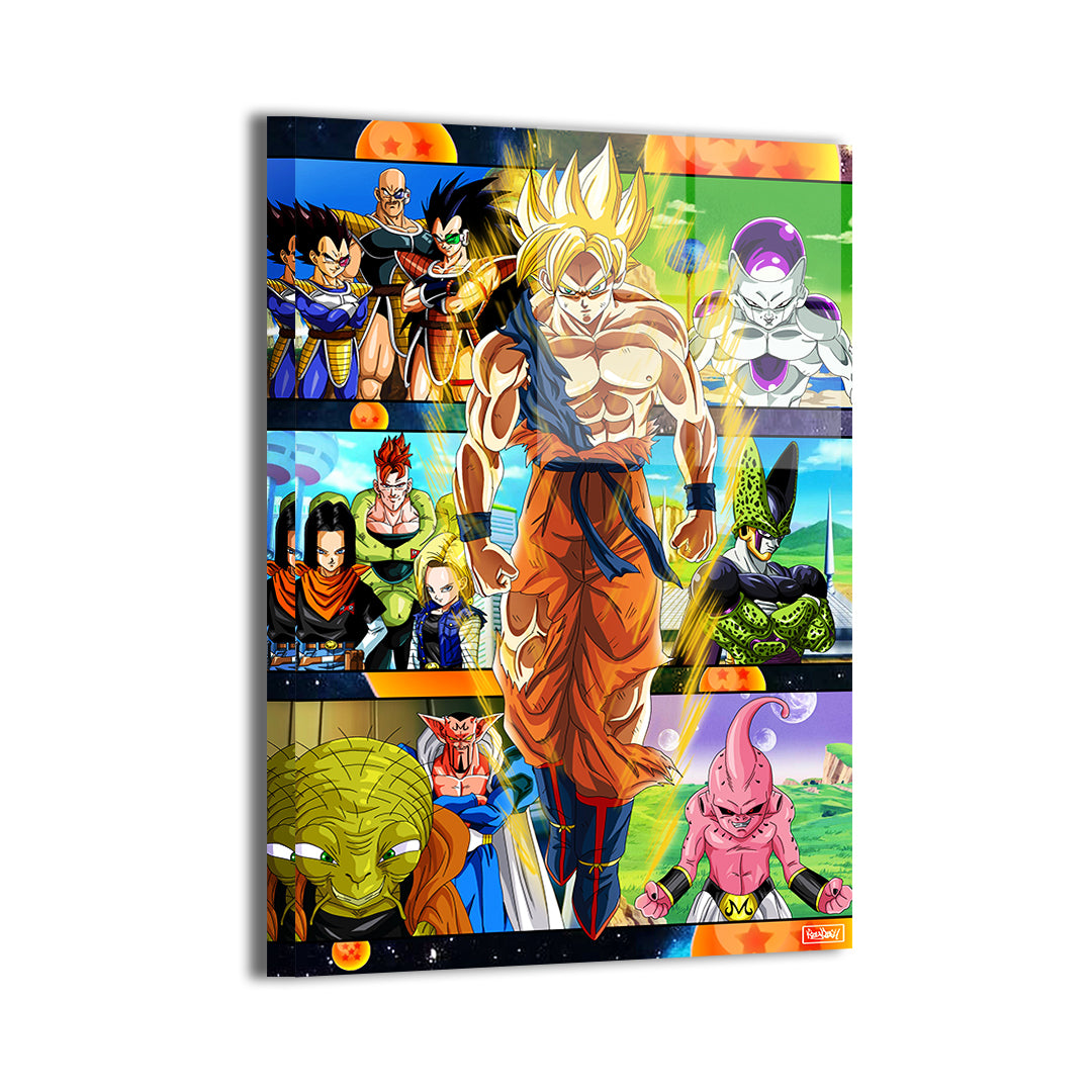 24x36 acrylic print of Goku standing in center with enemies from each Dragon Ball Z saga