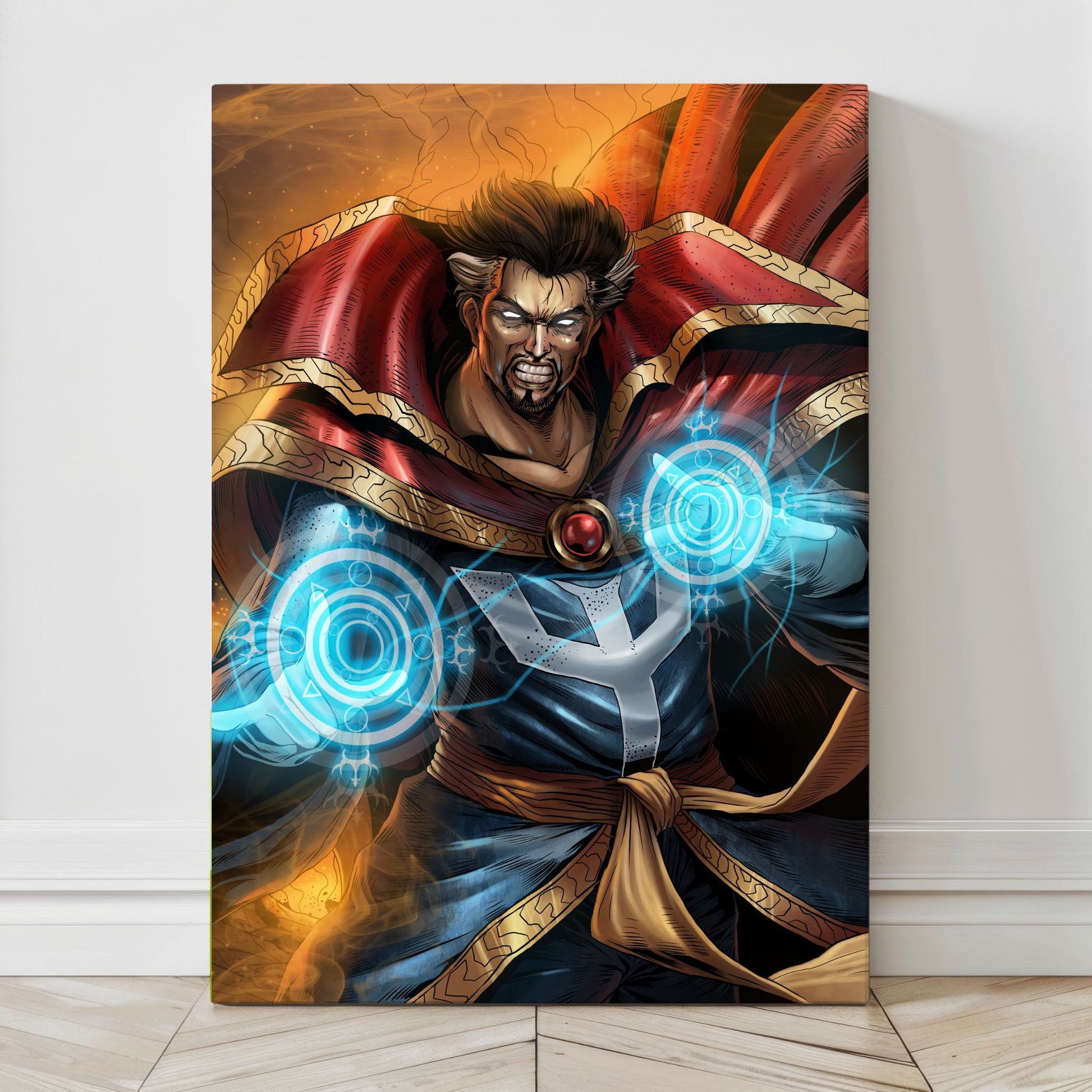 Canvas—arcane master casting twin sigils, gold-trimmed cloak; bold illustration by Ceasar Ian Muyuela.