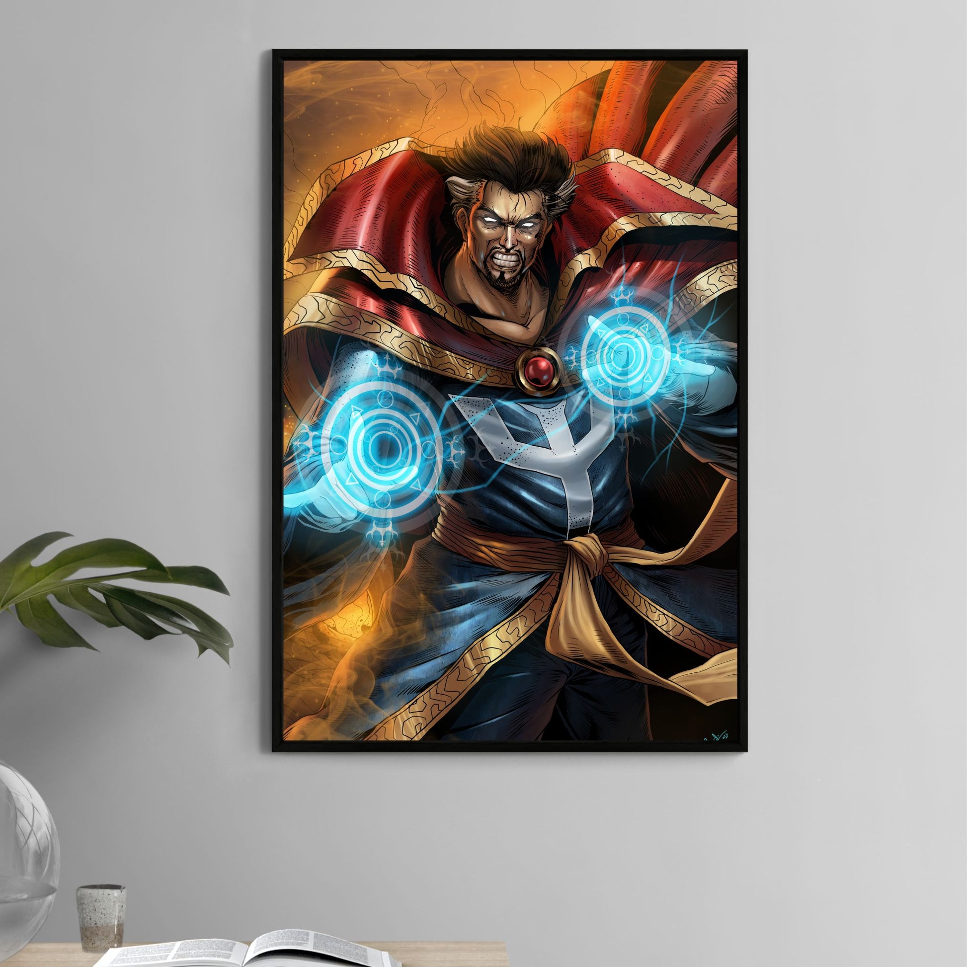 Poster—red-cloaked sorcerer with glowing blue magic circles; dramatic comic artwork by Ceasar Ian Muyuela.