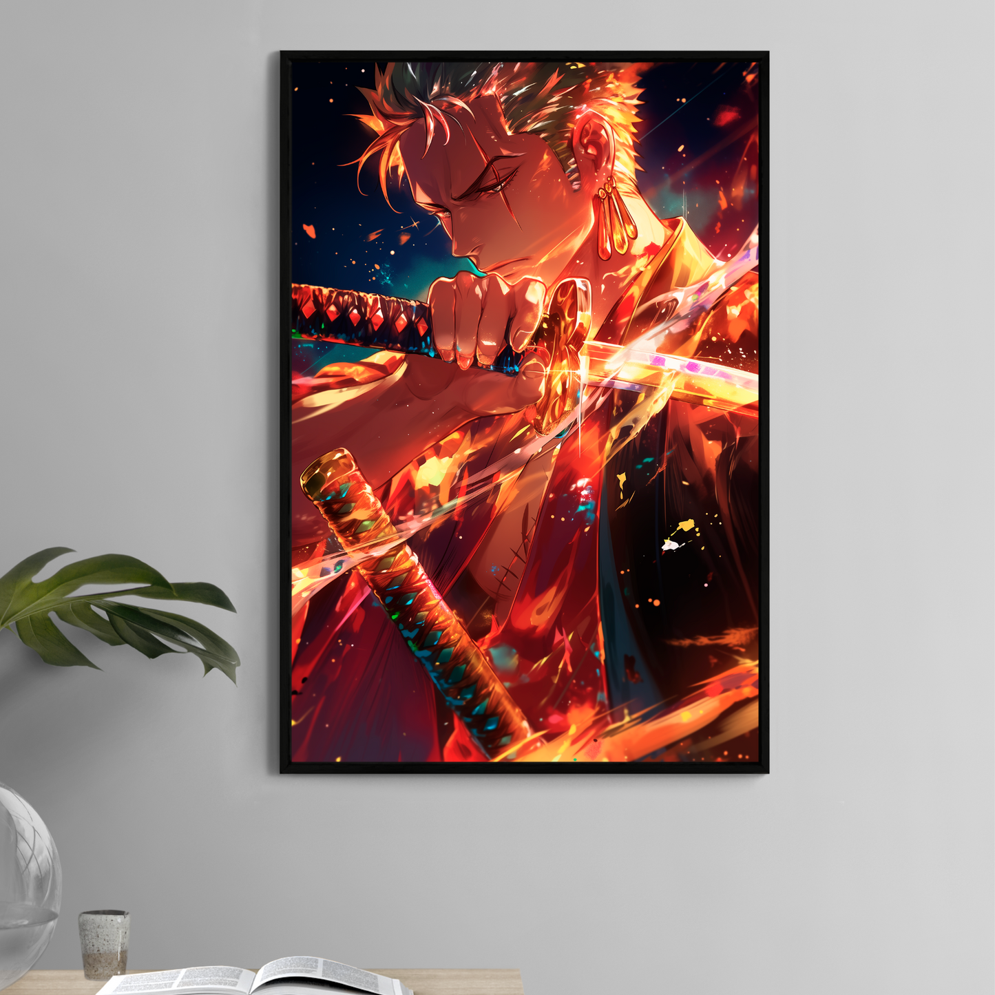Zoro 11x17 wall print drawing sword with glowing fire and intense focus – Snapping Turtle Gallery