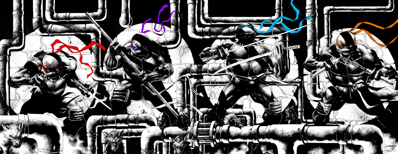 Canvas TMNT panoramic art in black and white with vivid bandanas