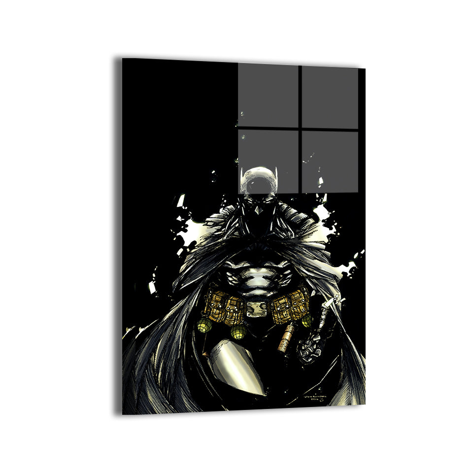 Gloss metal print of Batman cloaked in black with combat tools and armor