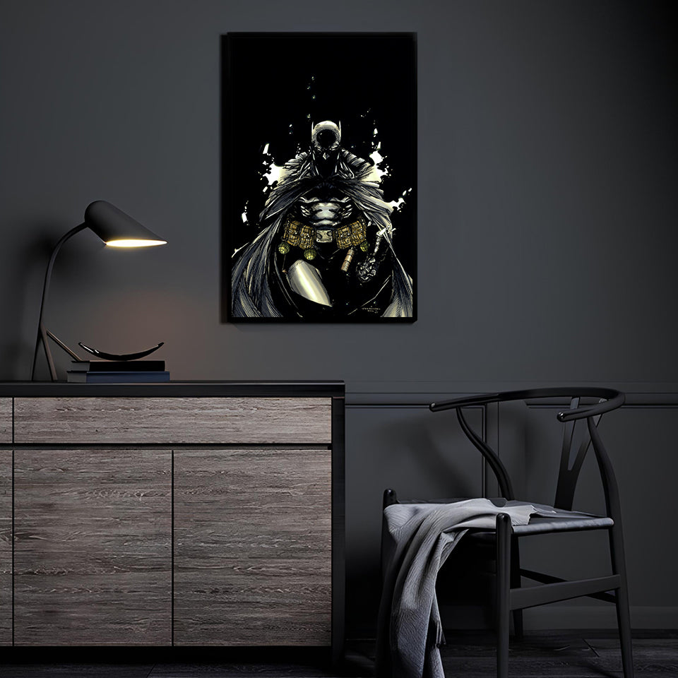 Poster print of Batman in tactical armor and utility belt emerging from darkness