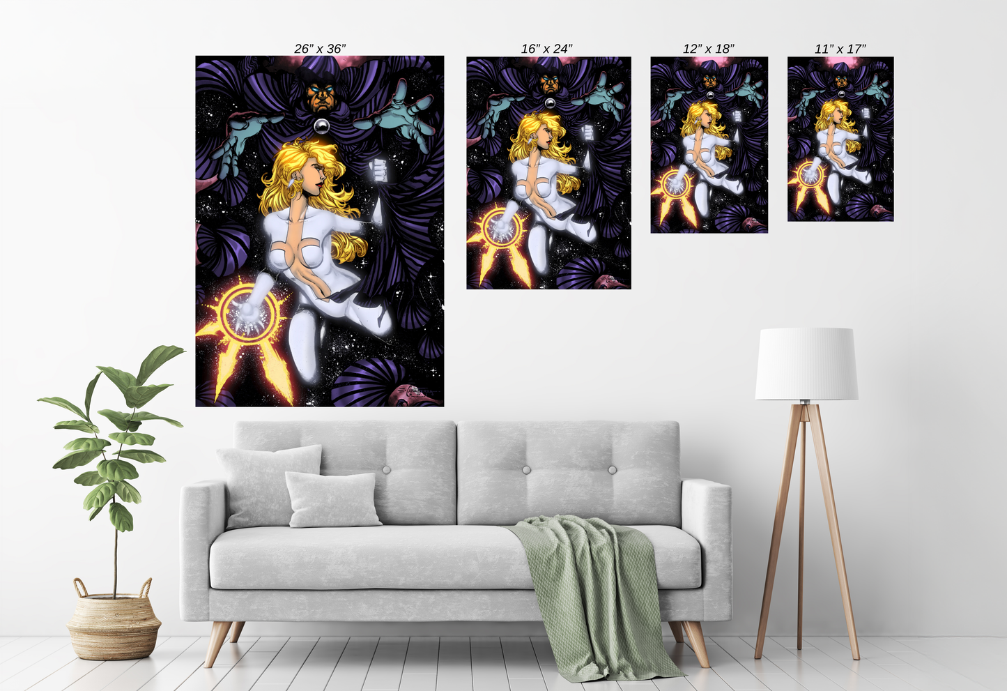 Alt Text: prints of light-powered heroine and cloaked figure in space by Cabaltierra