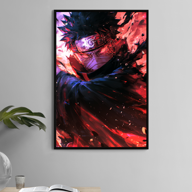 Obito Uchiha 11x17 print with red flame energy and Mangekyō glare – Snapping Turtle Gallery
