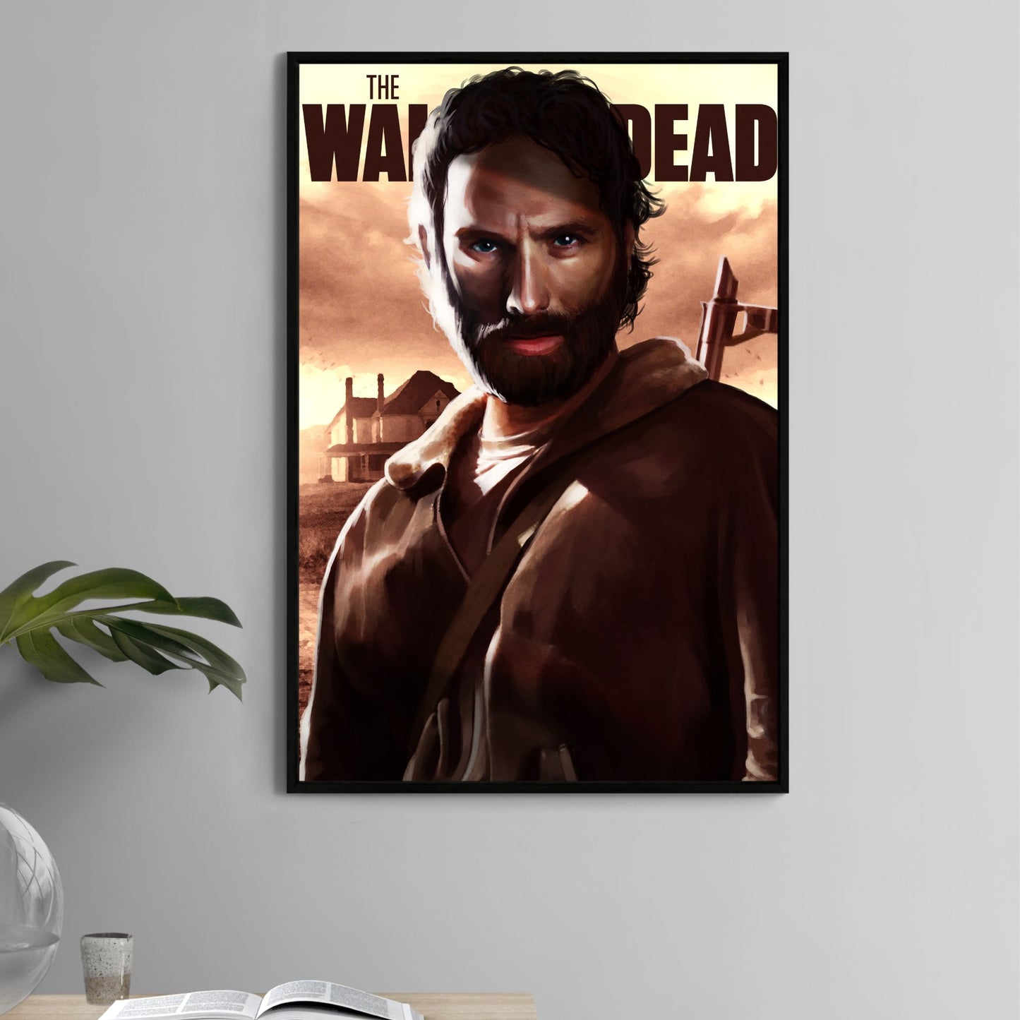 Poster — bearded survivor in coat at farmhouse dawn; moody, post-apocalyptic portrait with warm dust-sky lighting; art by Ben Asher.