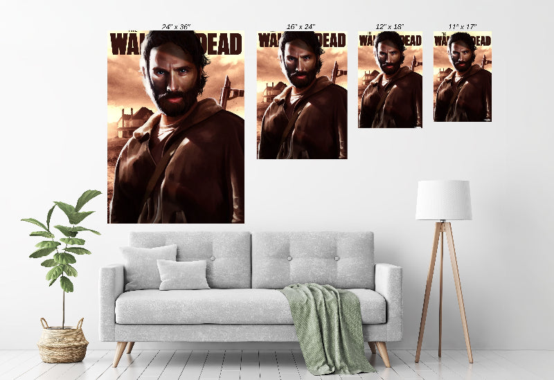 Room mockup — framed Sheriff’s Resolve centerpiece; post-apocalyptic survivor décor on modern wall.