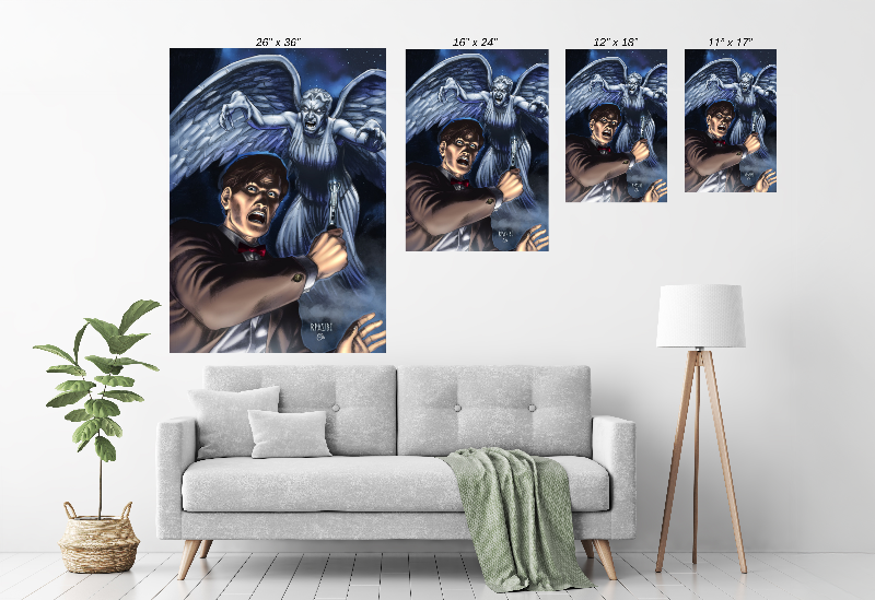 Image Title: Frozen in Terror Canvas Wall Art – Weeping Angel & Tenth Doctor Artwork – Snapping Turtle Gallery
