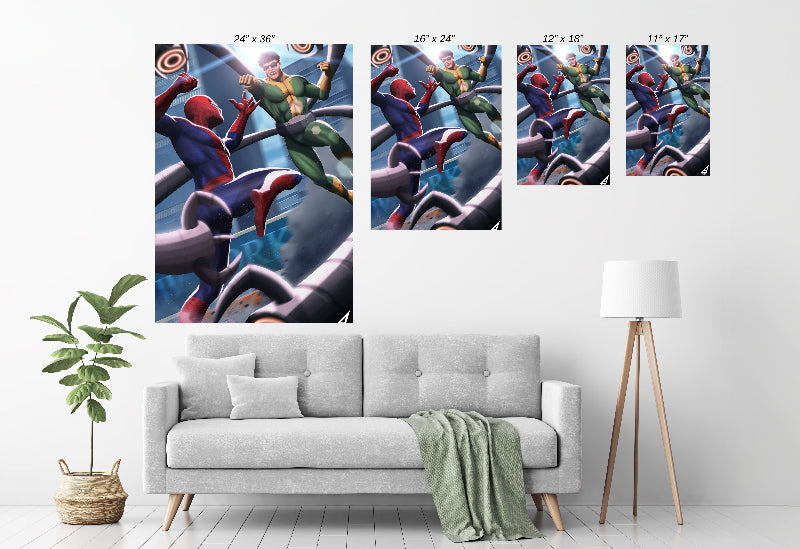 Room mockup — framed Spider-Man vs Doctor Octopus piece as a bold centerpiece in a modern space.