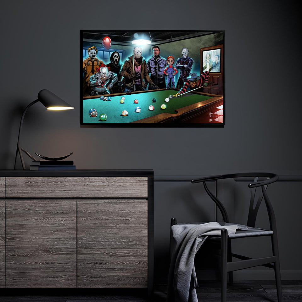 11x17 print featuring Freddy Krueger, Jason Voorhees, Michael Myers, Pennywise, and Ghostface playing pool