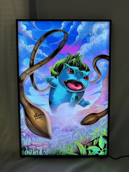 Slim frame RGB LED lightbox displaying Bulbasaur Pokémon artwork illuminated with bright, even lighting, ideal for gaming rooms and collector spaces, Snapping Turtle Gallery.