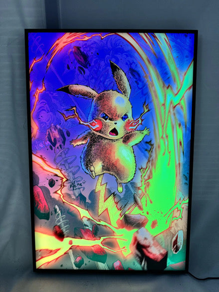 Slim frame RGB LED lightbox displaying Pikachu Pokémon artwork illuminated with bright, even lighting, ideal for gaming rooms and collector spaces, Snapping Turtle Gallery.