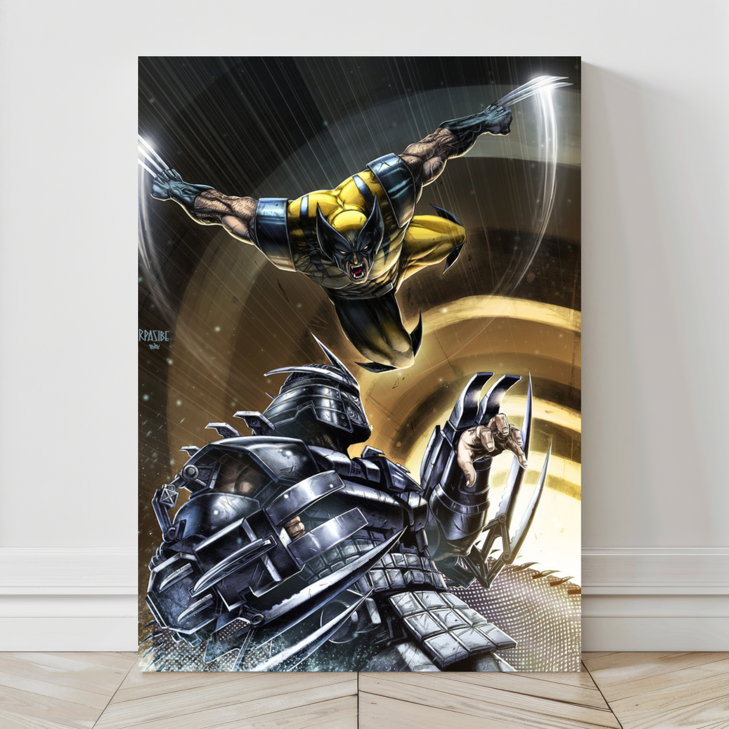 24x36 canvas of Wolverine attacking Shredder by Ryan Pasibe
