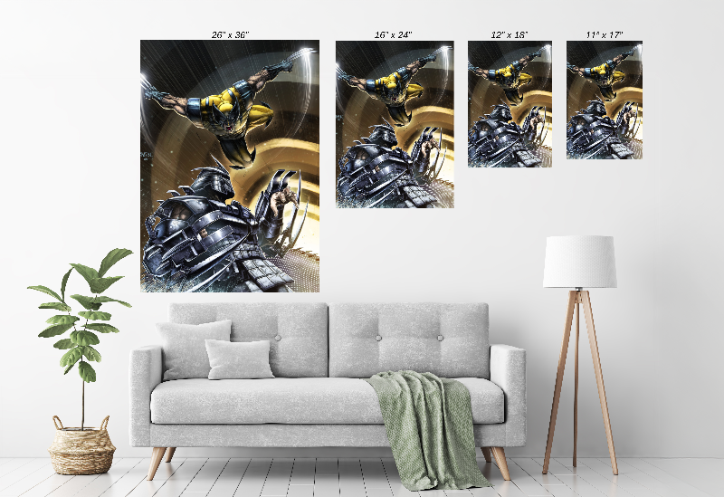 canvas of Wolverine attacking Shredder by Ryan Pasibe